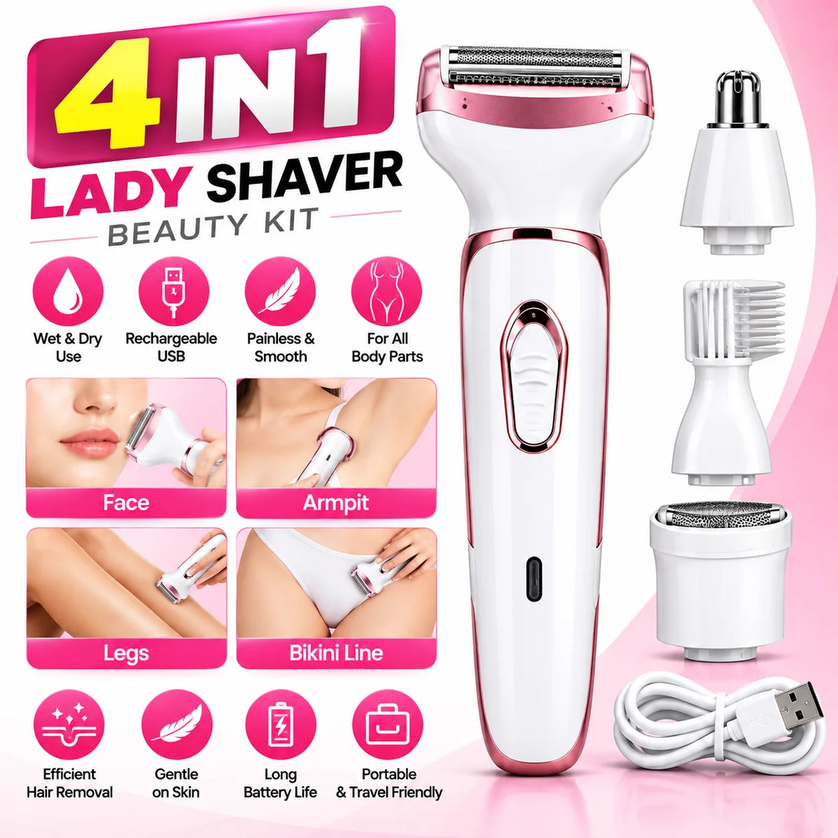 4-in-1 Lady Shaver for Women | Rechargeable Wet & Dry Body Hair Remover